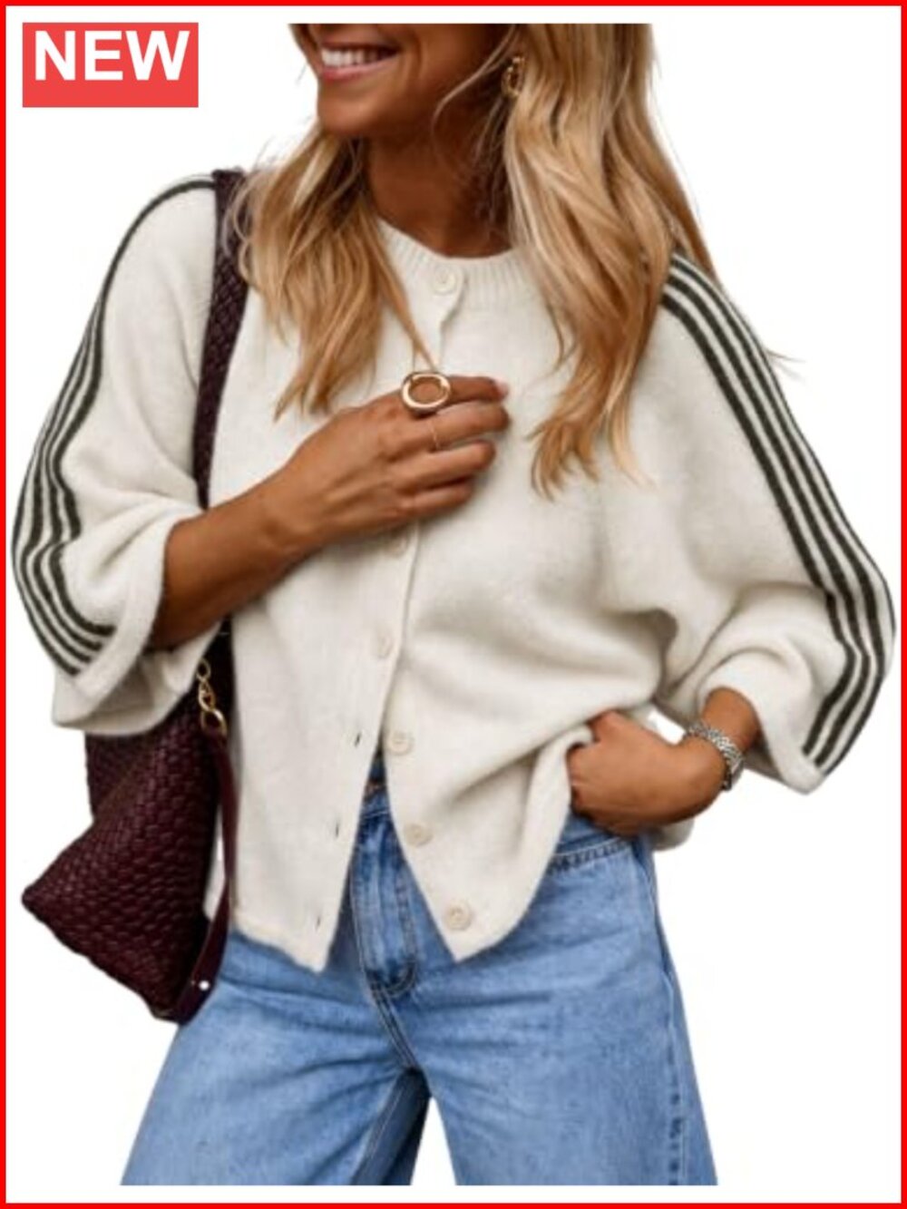 Oversized Striped Button Front Cardigan 3/4 Sleeve Knit Sweater